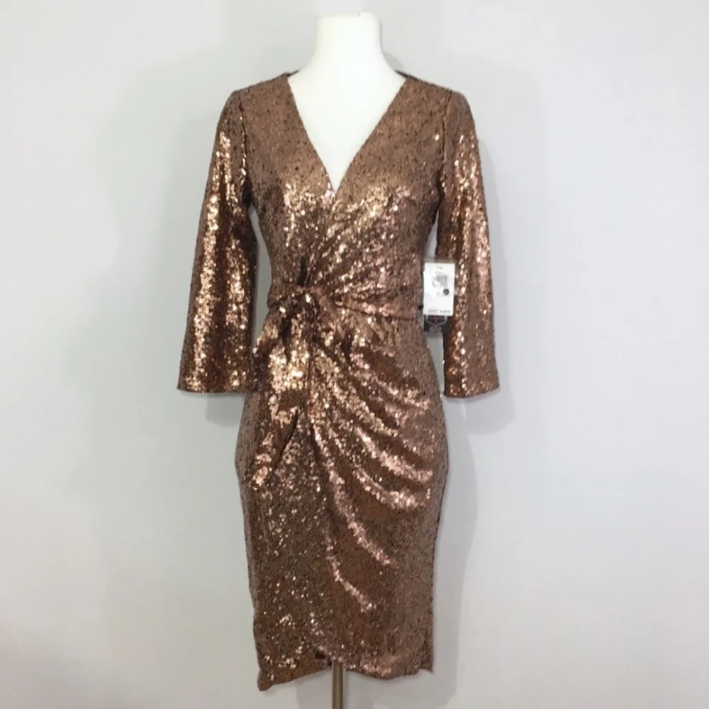 NWT Aqua Copper Sequin Wrap Dress w Waist Tie - Picture 1 of 5